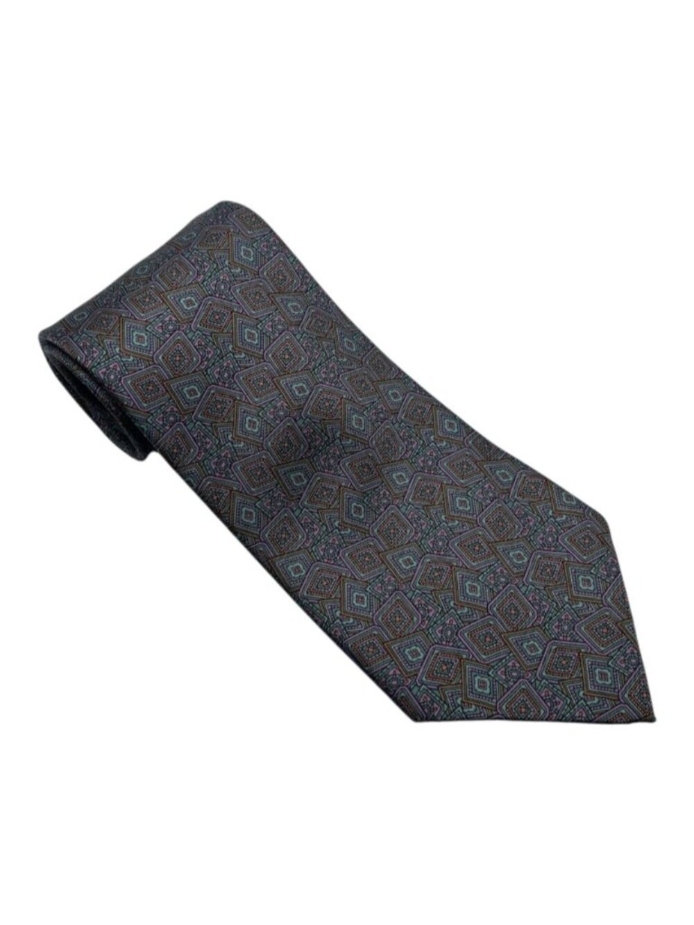 Oscar de la Renta Vintage Silk Tie Multicolour Diamond Pattern Lilac Orange Teal
